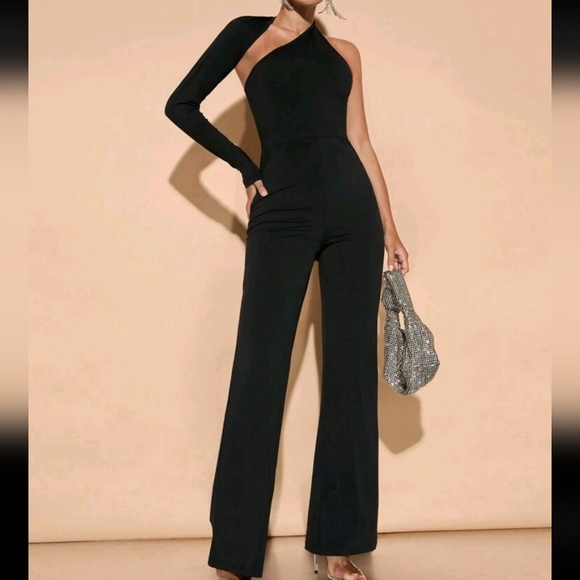 Pants - Women Elegant Asymmetric Collar Oblique Shoulder Bell-Bottom Jumpsuit